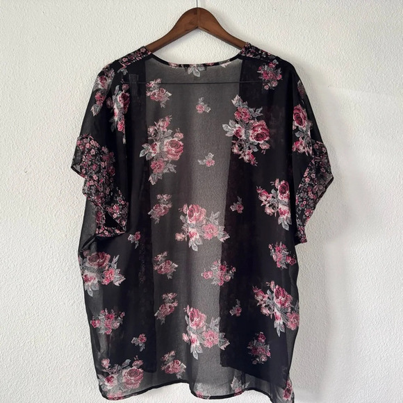 Maurices Black Floral Kimono S/M Boho Sheer Flowy Summer Chic Feminine Layering - Picture 10 of 11